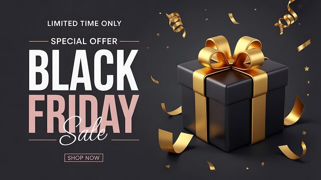 Black friday sale special offer with gift box and confetti, limited time promotion