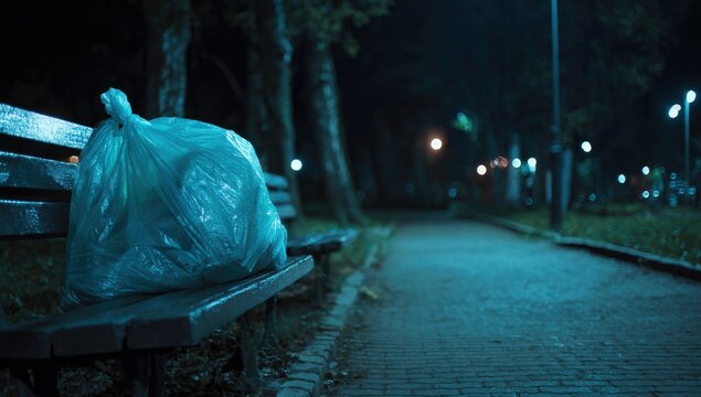 Night scene of a park bench with a plastic bag