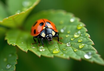 Obraz premium close-up of a vibrant red ladybug with black spots perched on a dewy green leaf, showcasing intricate details of its texture and the refreshing droplets reflecting light in a lush natural setting