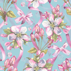 Seamless floral pattern with pink bows, apple blossoms and buds on blue background, soft hand-painted watercolor illustration, ideal for textile, wallpaper, packaging and decorative design.