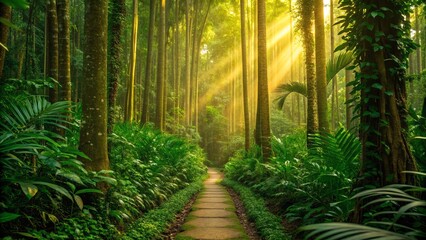 Fototapeta premium Lush green tropical forest with towering trees and dense foliage, a narrow winding path illuminated by golden sunlight rays breaking through canopy