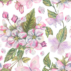 Seamless pattern with pink butterflies blooming apple blossoms and green leaves, soft hand-painted watercolor illustration, ideal for fabric, wallpaper, wrapping paper and romantic surface design.