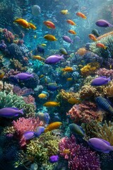 Obraz premium Tropical sea underwater fishes on coral reef, Generative AI,