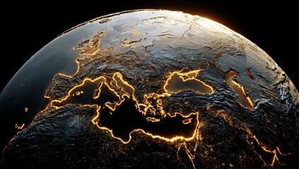 A glowing, detailed view of the Earth, focusing on Europe and the Mediterranean region