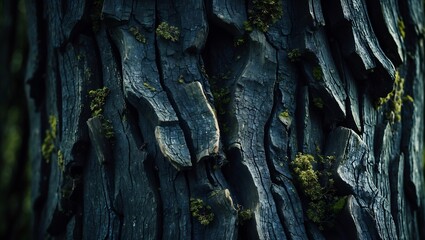 Close up of deeply textured ancient tree bark with moss and shadows creating a mysterious natural pattern