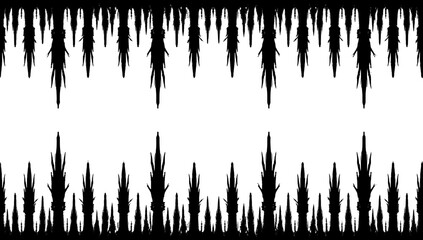 Abstract silhouette of ice stalactites hanging from above, a striking black and white visual capturing the unique formations in a natural cave. 