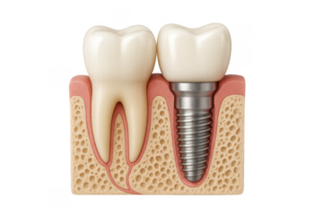 Dental implant replacing a missing tooth inside gums and bone, transparent background