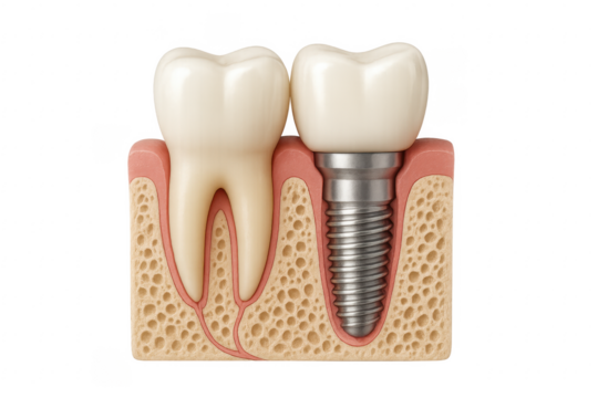 Dental implant replacing a missing tooth inside gums and bone, transparent background