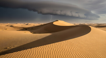 Stunning desert landscape with dramatic storm clouds and a lightning strike over sand dunes