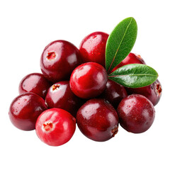 Obraz premium Pile of fresh red cranberries with green leaves and water droplets on a black background fruit crimson, Isolated On White, Png Transparent, Cut Out