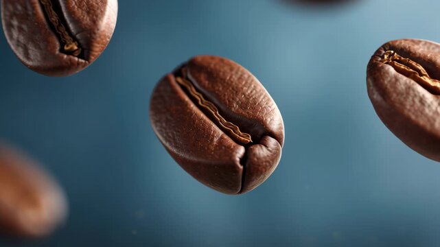 Flying coffee bean elements product photography showcase rich roasted bean texture and suspended macro floating closeup with moody blue background