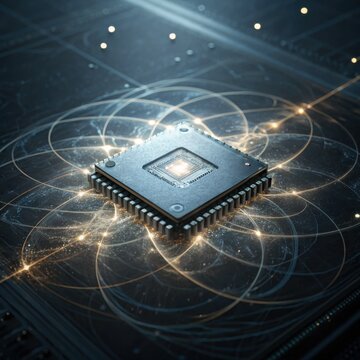 A futuristic microchip emitting light with intricate patterns, symbolizing advanced technology and computing.