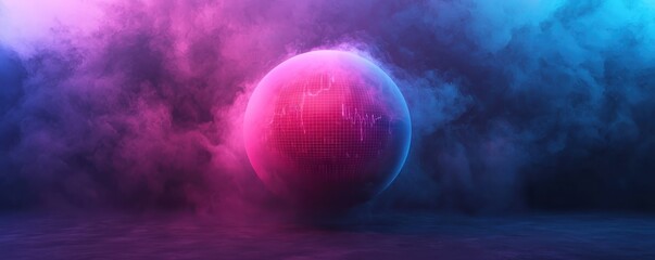 A vibrant sphere glows in a misty ambiance of pink and blue hues.
