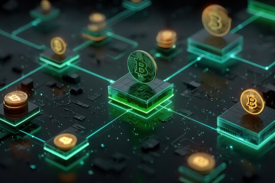 Abstract visualization of cryptocurrency nodes on a glowing futuristic blockchain network - Powered by Adobe