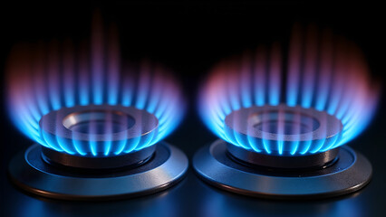 Close-Up of Two Gas Burners with Blue and Pink Flames on Black Background