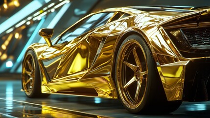 Close up view of a golden sports car showcasing its sleek design and luxurious appearance in a studio