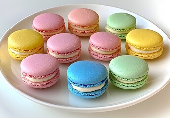Fototapeta premium Photo of colorful macarons neatly arranged on a white plate, featuring pastel hues and delicate textures
