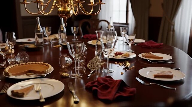 Lavish dinner table set with pie, plates, glassware, and red napkins under a chandelier