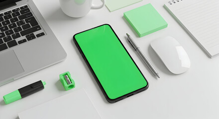 Smartphone with Green Screen on Desk with Laptop and Office Supplies