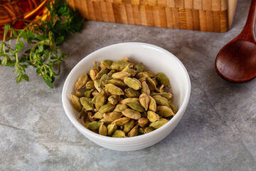 Green dry cardamom heap spices aroma