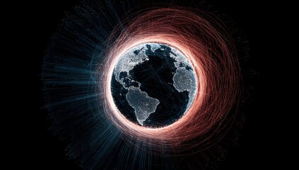 A digitally enhanced globe, surrounded by swirling lines