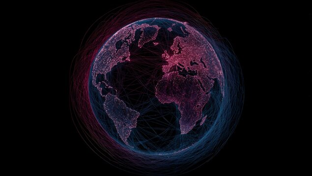 A stylized, digital representation of Earth, with glowing, interconnected lines