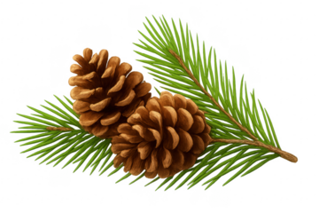 Two Pine Cones Resting on Vibrant Pine Branch with Transparent Background