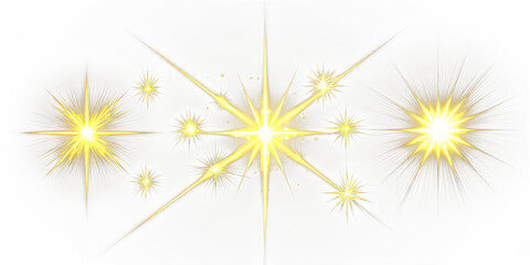 Bright Golden Starbursts and Light Effects on Dark Background sparkle shine isolated on a transparent background