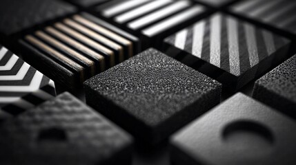 Close-up of textured, striped & patterned black and grey cubes, abstract, elegant and modern design