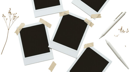Classic white instant photo frames, some overlapping with beige tape, artfully arranged on a clean, light surface with soft studio light, a nostalgic memory curation concept