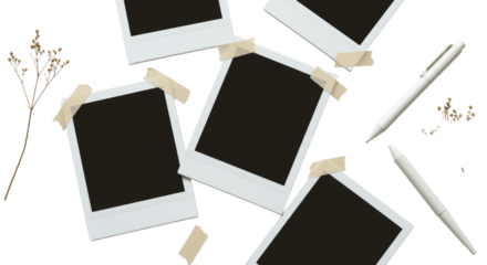 Classic white instant photo frames, some overlapping with beige tape, artfully arranged on a clean, light surface with soft studio light, a nostalgic memory curation concept