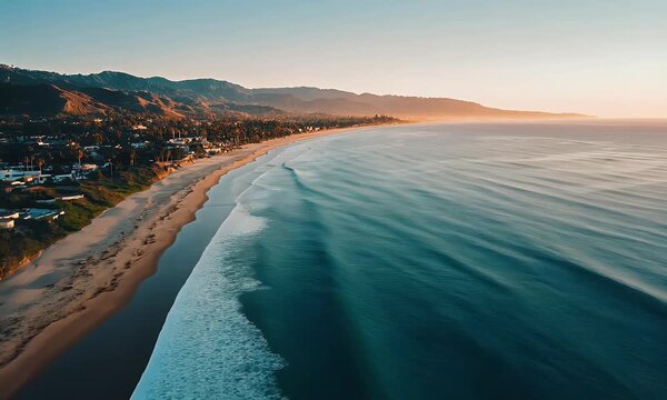 A wide shot of the beach at "Aloha Melbourne", drone footage, a clear blue sky and some waves in front of bright greenery and houses on hills in the background, 