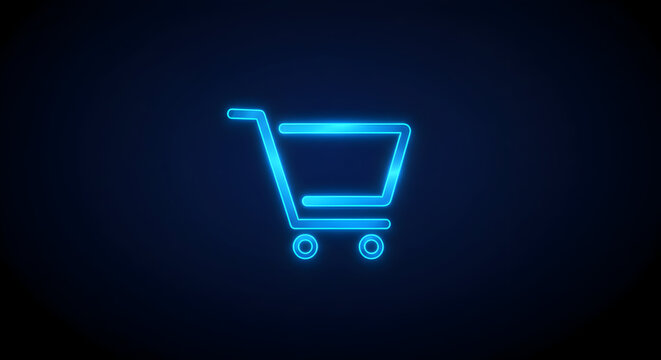 Neon Shopping Cart Icon Against Dark Blue Background