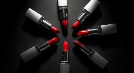 Obraz premium Red lipsticks arranged in circular pattern on dark surface
