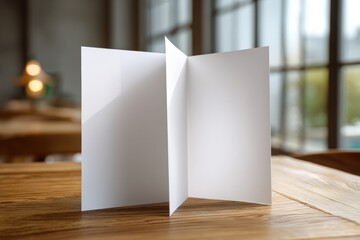 Blank tri-fold brochure on a wooden table