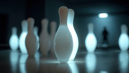 Bowling pins illuminated in a dark alley