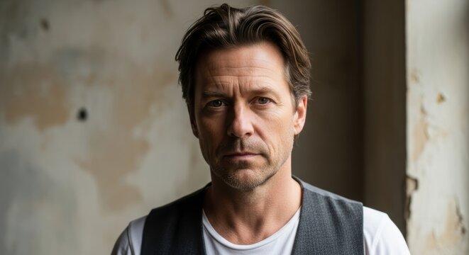 Caucasian adult male in casual attire standing by a window in a rustic setting