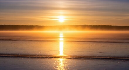 Golden Sunrise Over a Frozen Lake Reflecting Light