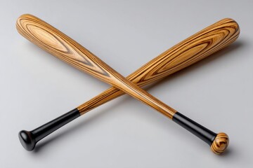 Unique wooden baseball bats crossed elegantly on a soft gray backdrop showcasing craftsmanship and design