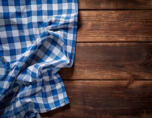 Obraz premium blue checkered tablecloth draped over weathered wooden table from top view showcasing deep blue and light blue squares with rustic wood background