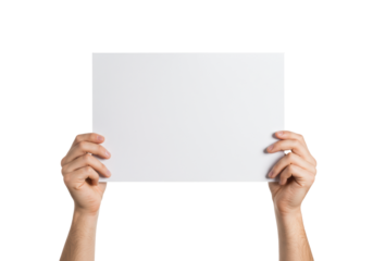 Two well-groomed hands with natural skin tones holding a pristine blank white sign against a transparent background, presenting it to viewer. Concept for clear communication and information display