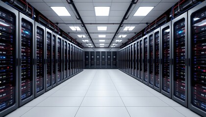 Fototapeta premium top view of a modern interior server room with puter racks filled with servers, hosting, and cloud storage, dark cyber network connections visible, 3d rendering in flat design style