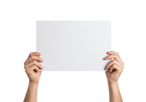 Two well-groomed hands with natural skin tones holding a pristine blank white sign against a transparent background, presenting it to viewer. Concept for clear communication and information display