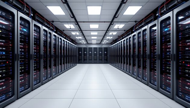 top view of a modern interior server room with puter racks filled with servers, hosting, and cloud storage, dark cyber network connections visible, 3d rendering in flat design style