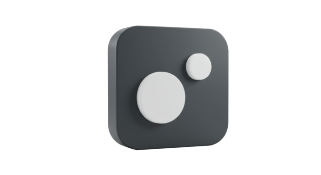 Pristine ultra-realistic 3D dark charcoal grey matte digital icon, square with rounded corners & two white circles on a transparent seamless background, concept of digital communication