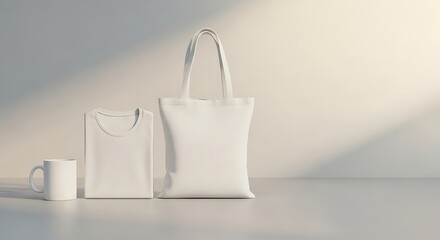 Minimalist arrangement showcasing a blank white tote bag, t-shirt, and mug under soft lighting.