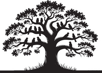 Minimalist Black Tree Silhouette Illustration with Birds