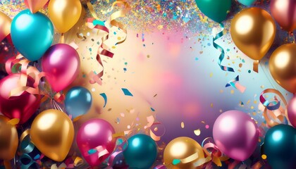 colorful party background with confetti balloons and ribbons