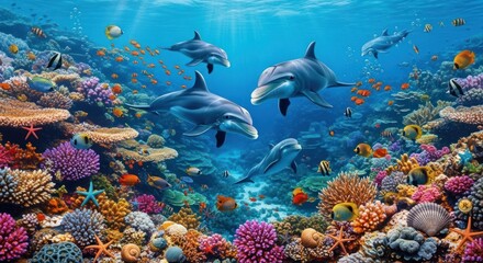 Obraz premium Vibrant Coral Reef Teeming with Graceful Dolphins and Diverse Tropical Fish in a Pristine Underwater Ecosystem