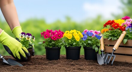 Photo of gardener wearing green gloves planting colorful pansies in soil, with more potted flowers and wooden crate in background, spring gardening concept